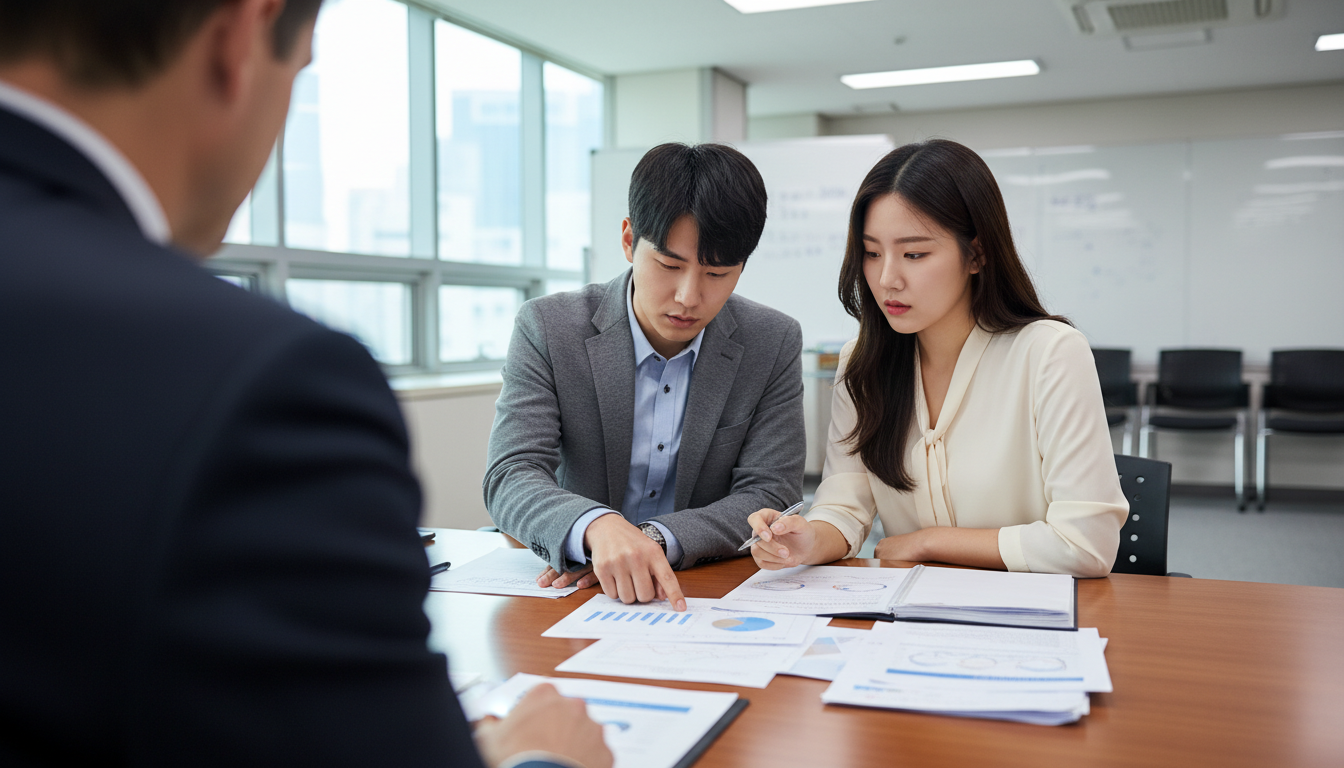 회의실에서 창업 멘토링을 받는 남녀