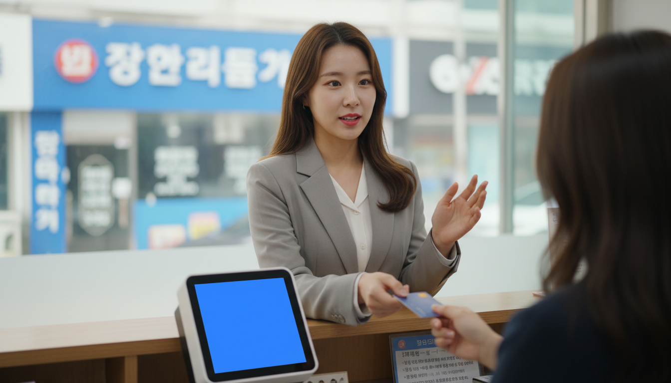 운전면허학원 사무실에서 카드로 결제하는 여성