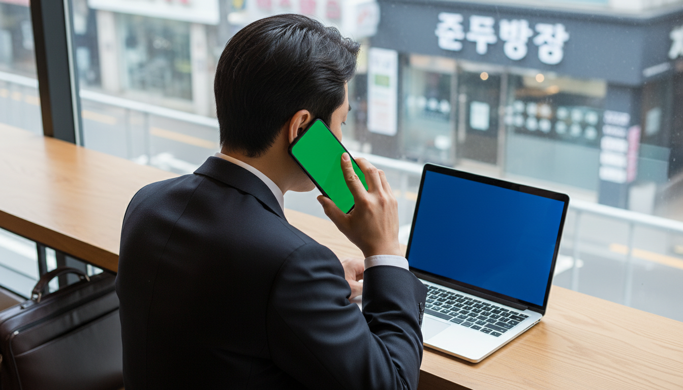 카페에서 노트북을 보며 통화하는 펀드매니저