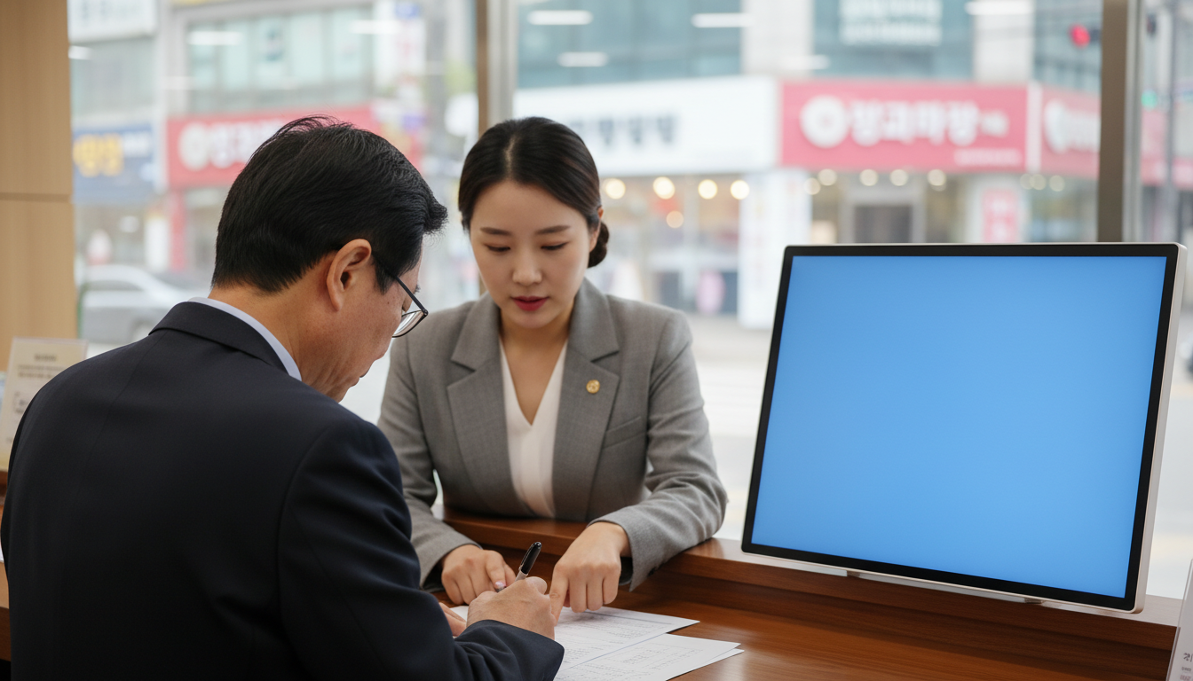 세무서 창구에서 서류를 작성하는 중년 남성