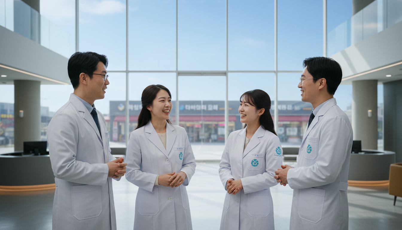 연구복을 입고 로비에서 대화하는 연구원들