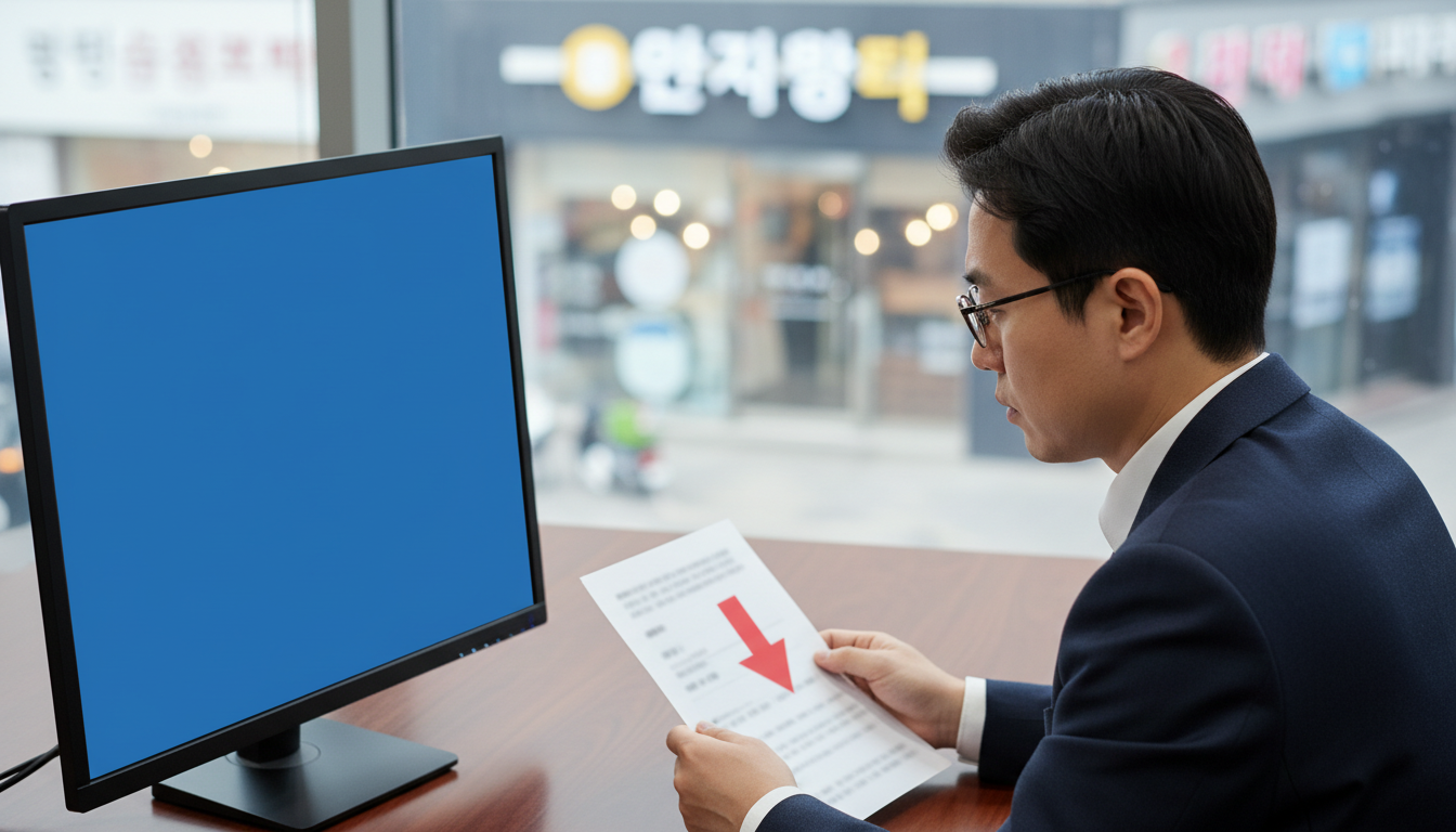 하락 화살표가 그려진 서류를 보는 애널리스트
