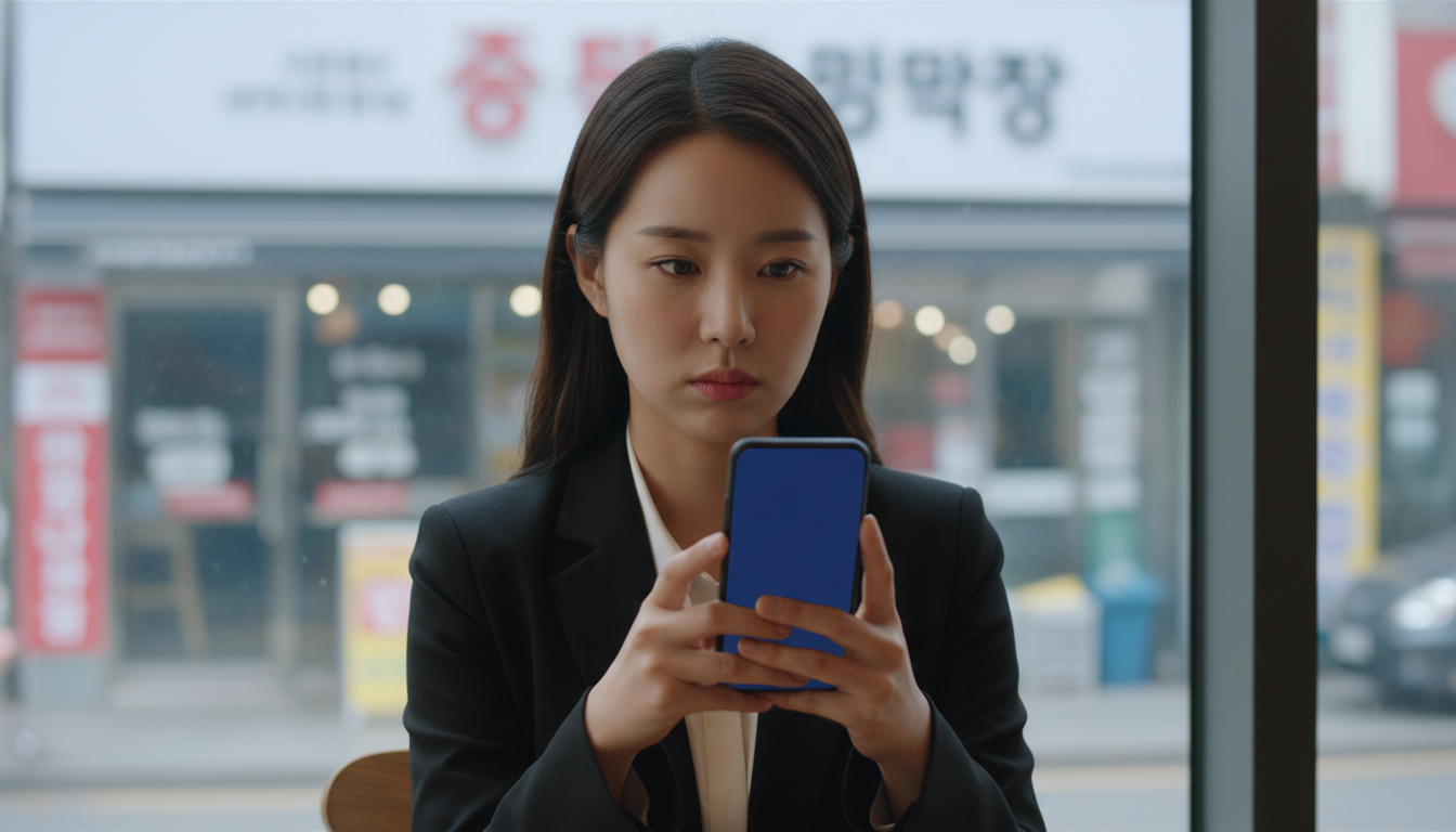 카페 창가에 앉아 스마트폰을 보는 여성