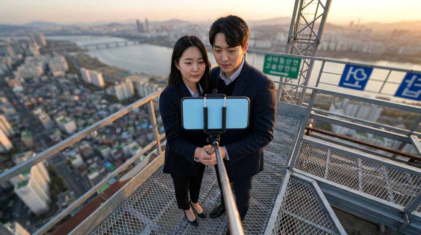 노을 지는 철탑 위에서 셀카봉을 든 남녀