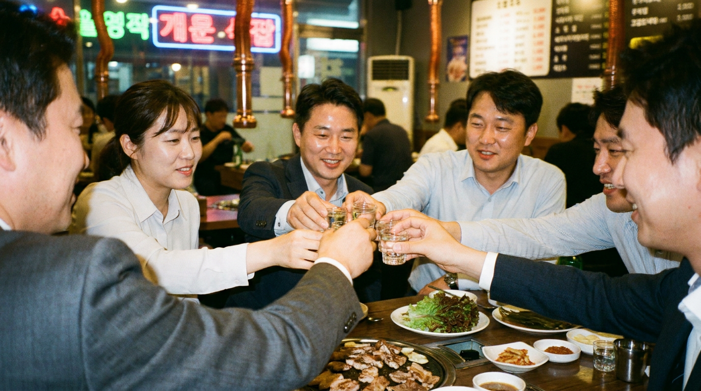 고기집에서 소주잔으로 건배하는 직장인들
