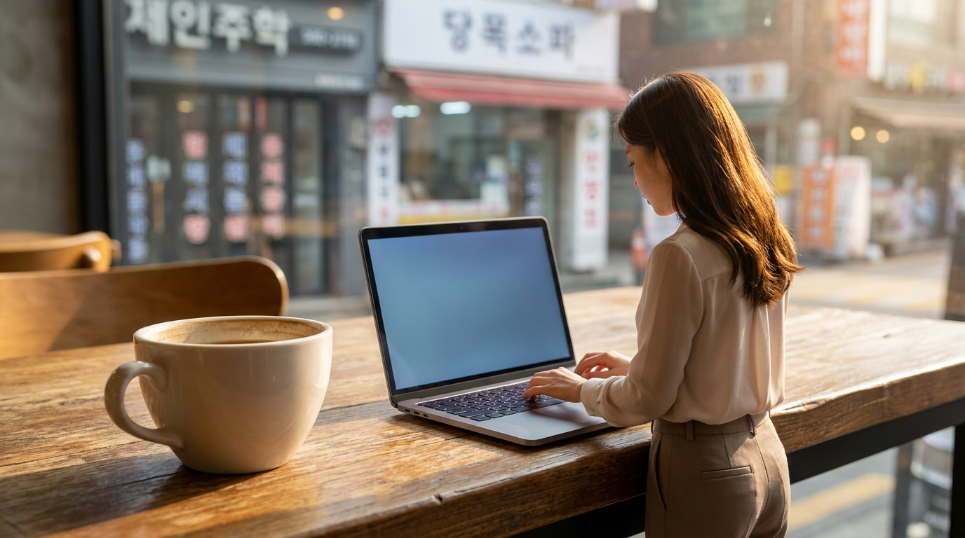 카페 커피잔 옆에서 노트북을 하는 작은 여성