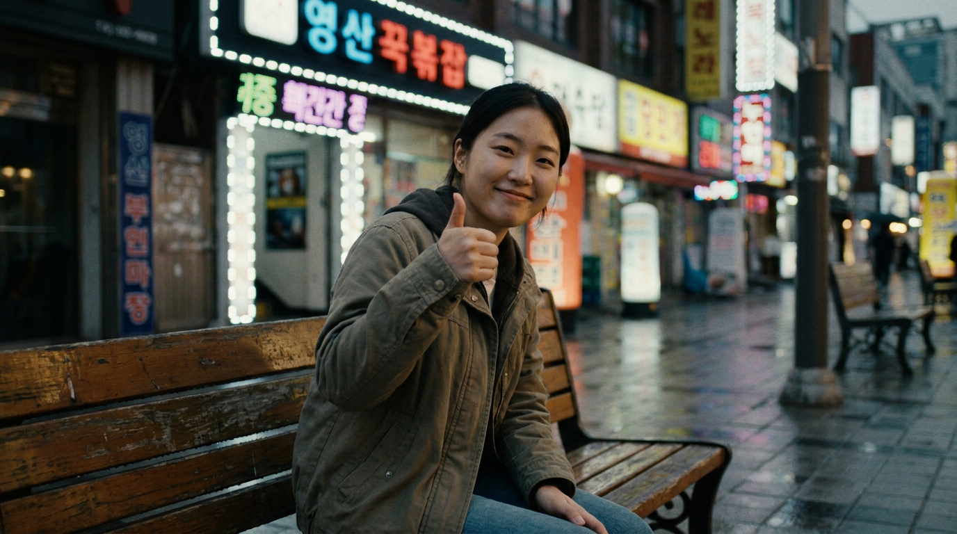 스마트폰을 보며 엄지를 치켜든 한국인 여성