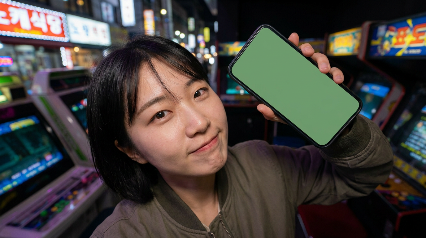 오락기 앞에서 셀카를 찍는 단발머리 여성