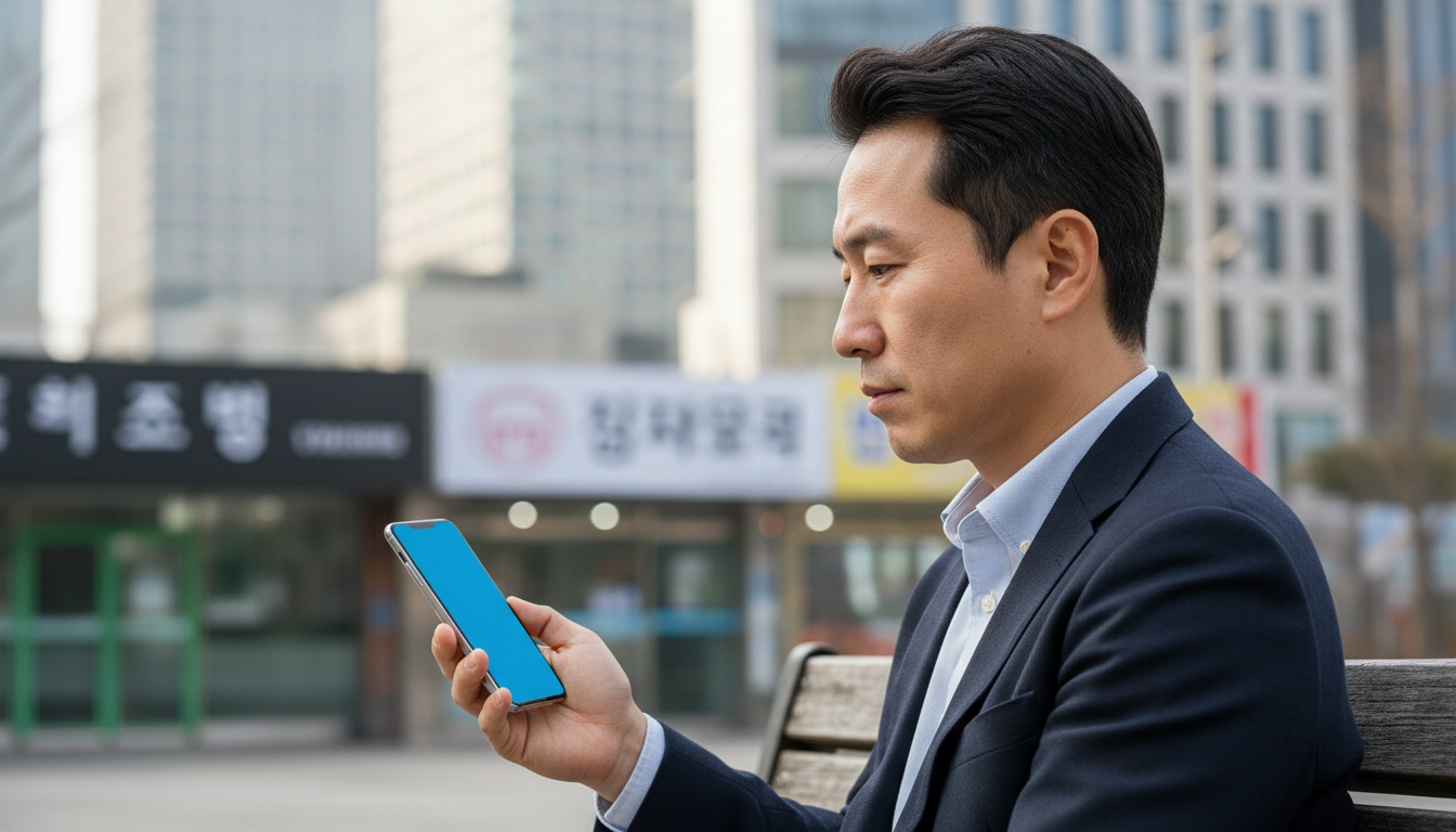 빌딩 숲 벤치에서 스마트폰을 들여다보는 남성