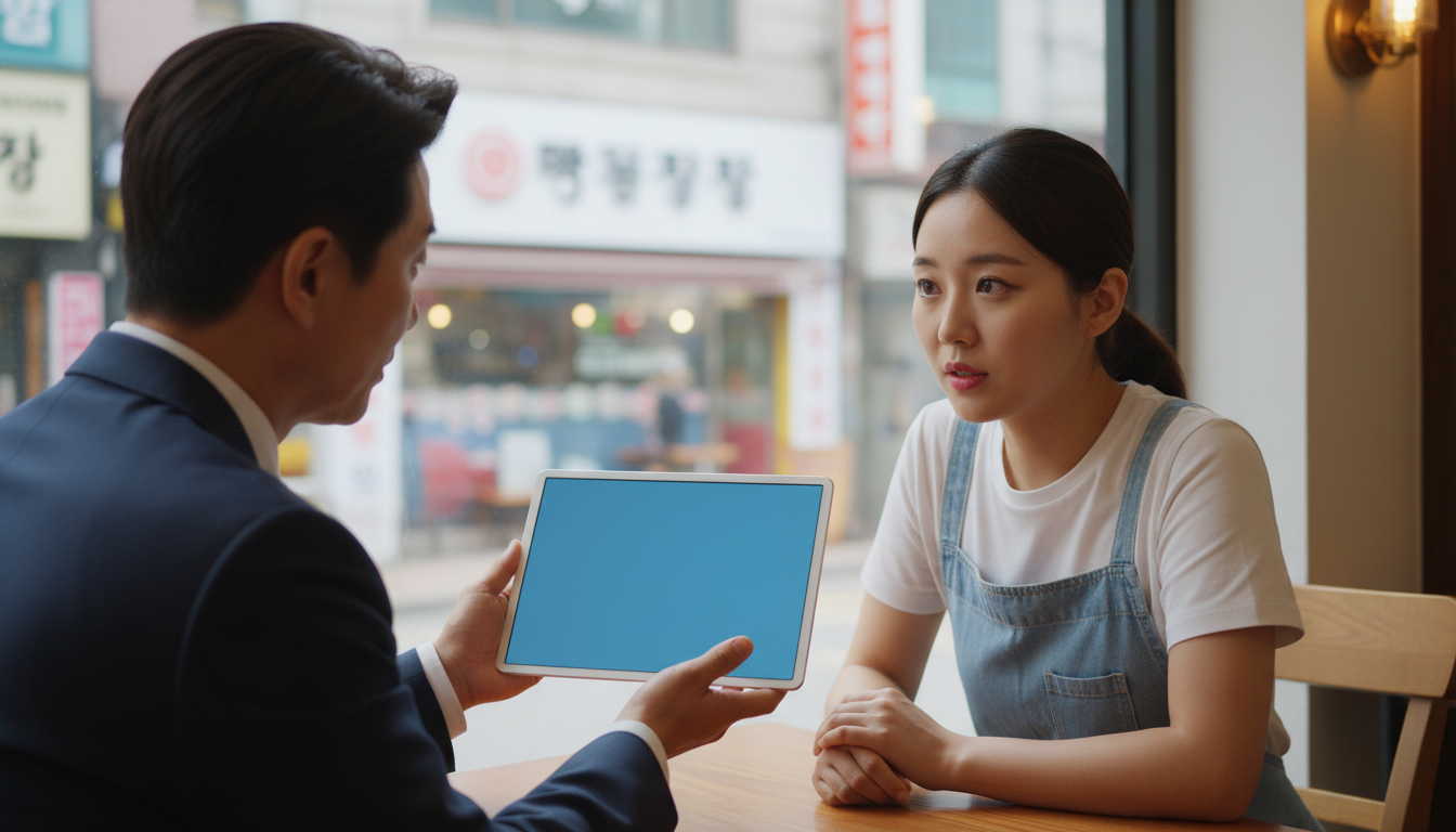 태블릿으로 경영 컨설팅을 받는 카페 점주