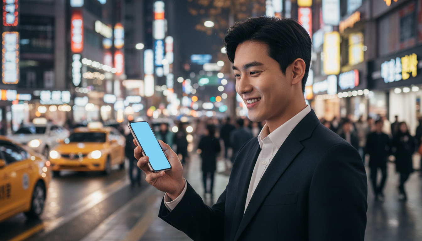 화려한 밤거리에서 스마트폰을 보며 웃는 청년