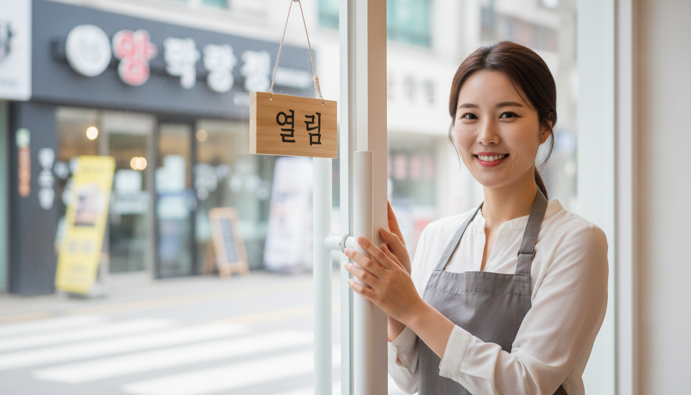 오픈 팻말을 걸며 환하게 웃는 여성 소상공인