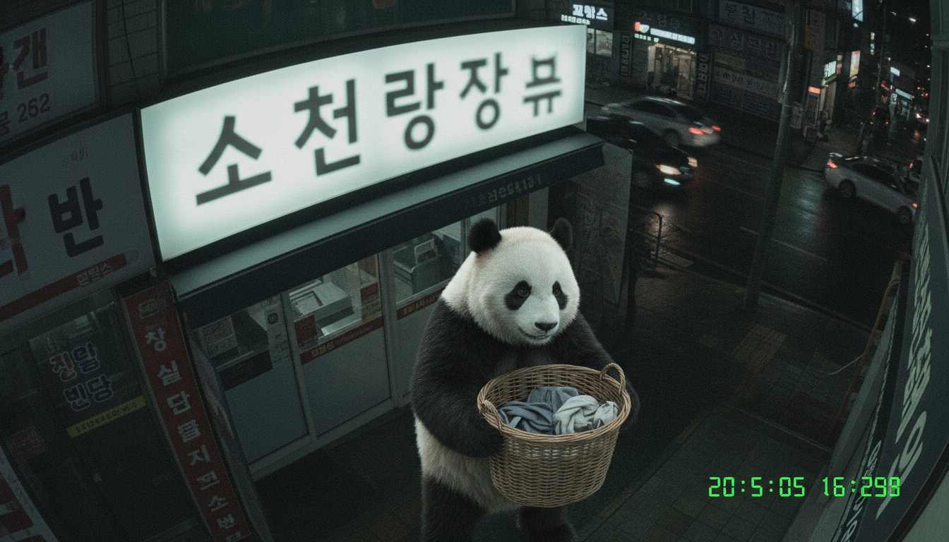 세탁소 앞에서 빨래 바구니를 든 판다