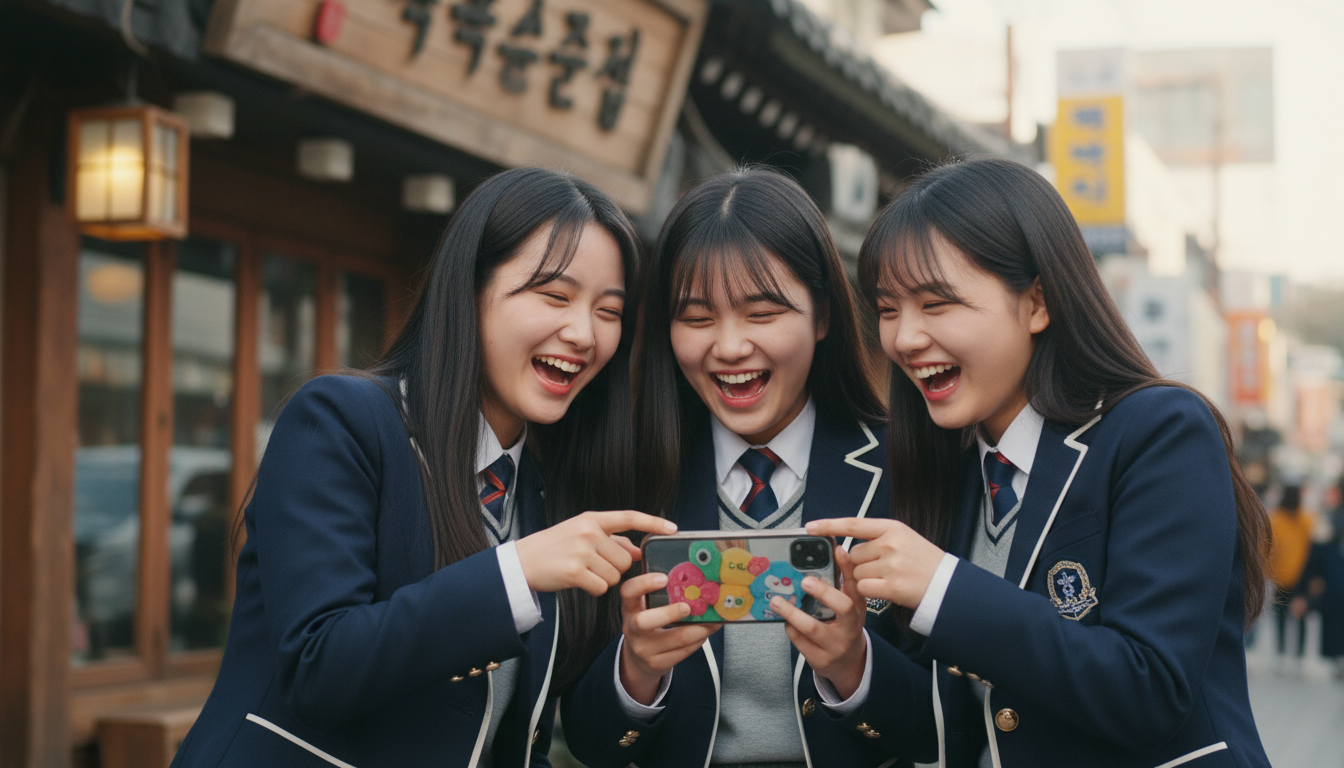 스마트폰 영상을 보며 활짝 웃는 여고생들