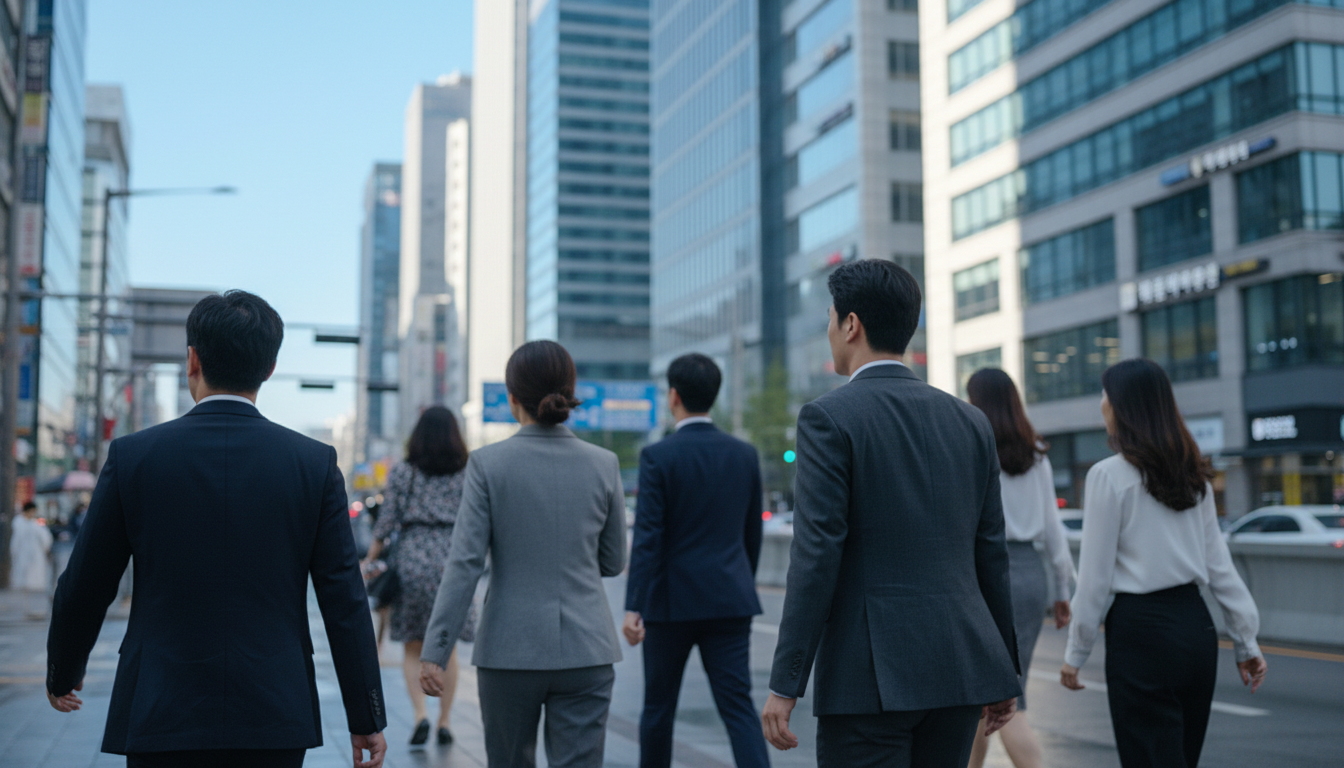 여의도 빌딩 숲 사이로 출근하는 직장인들