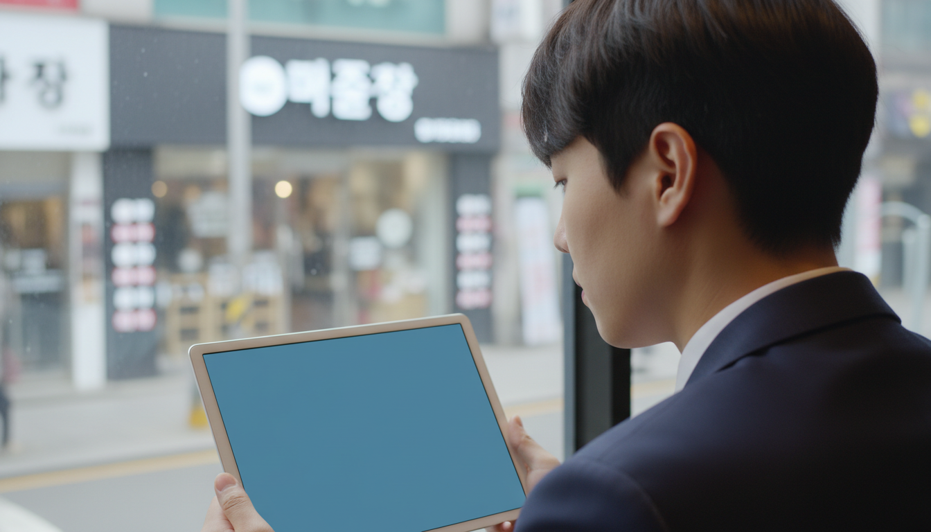 창가에 앉아 태블릿으로 주식을 점검하는 청년