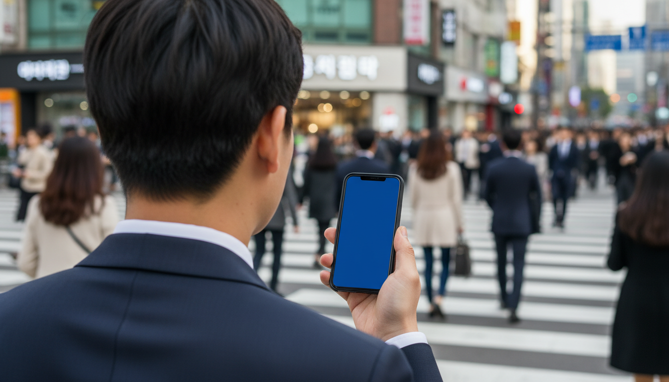 횡단보도를 건너며 스마트폰을 보는 직장인들