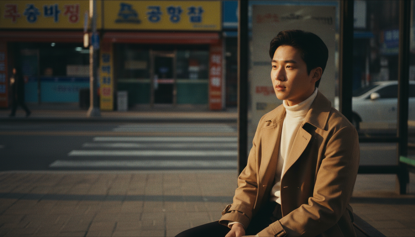 해 질 녘 버스 정류장에서 기다리는 대학생