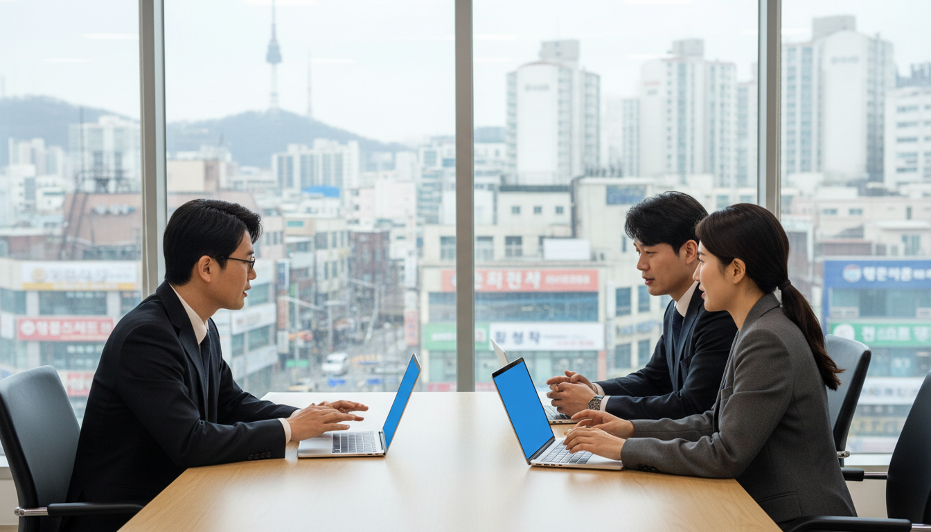 미팅룸에서 노트북을 보며 회의하는 직장인들