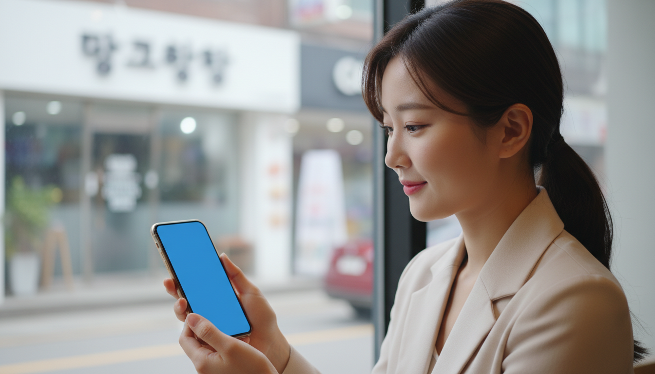 카페 창가에 앉아 스마트폰을 보며 웃는 여성