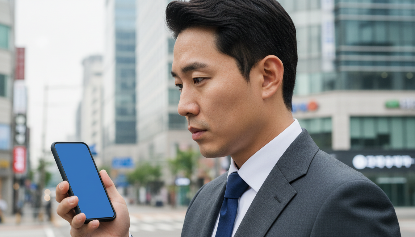 스마트폰으로 증권 앱을 보는 여의도 직장인