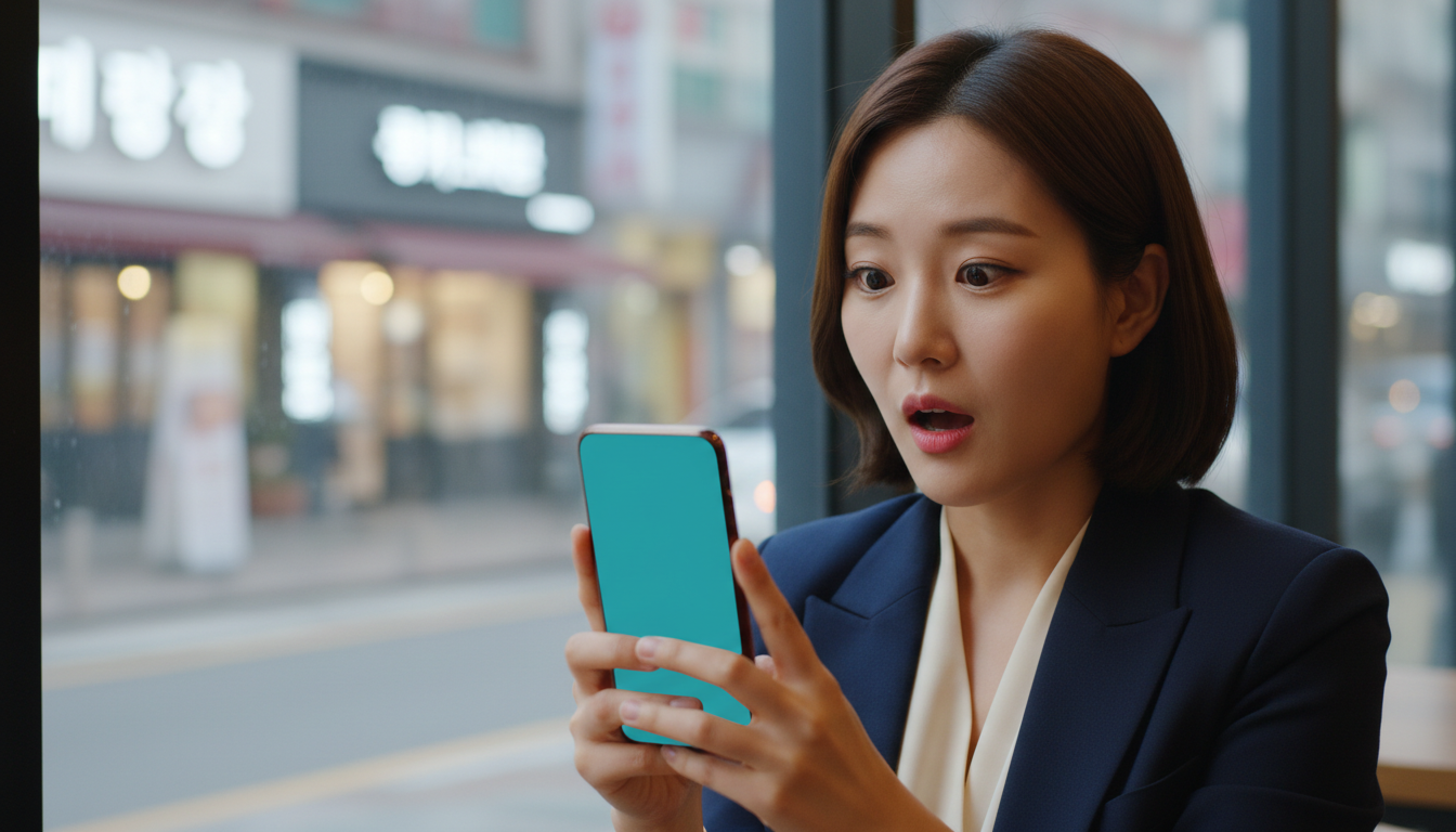 카페 창가에서 스마트폰을 보며 놀란 여성