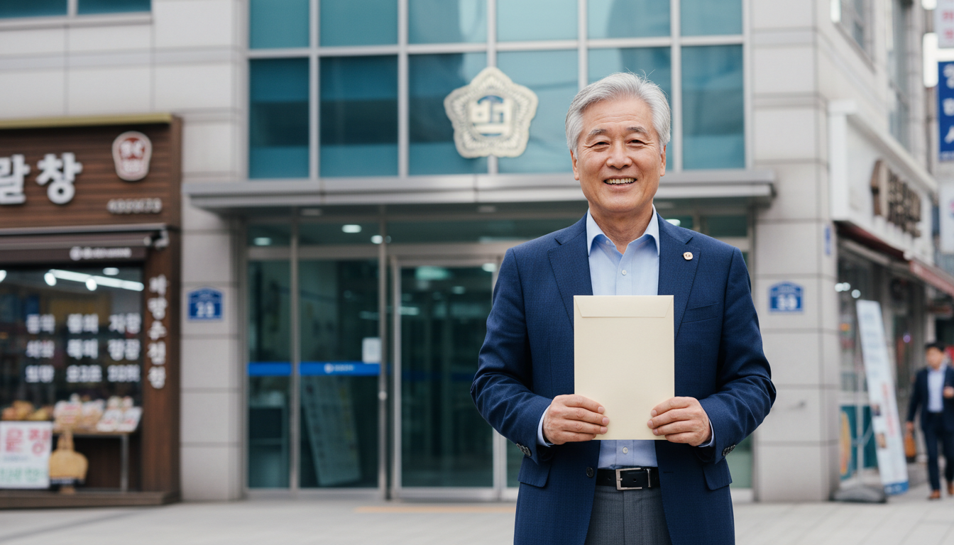 행정복지센터 간판 앞 서류 봉투를 든 여성