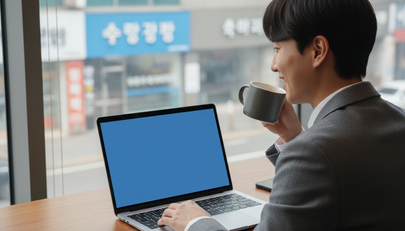 커피를 마시며 노트북 화면을 보는 직장인