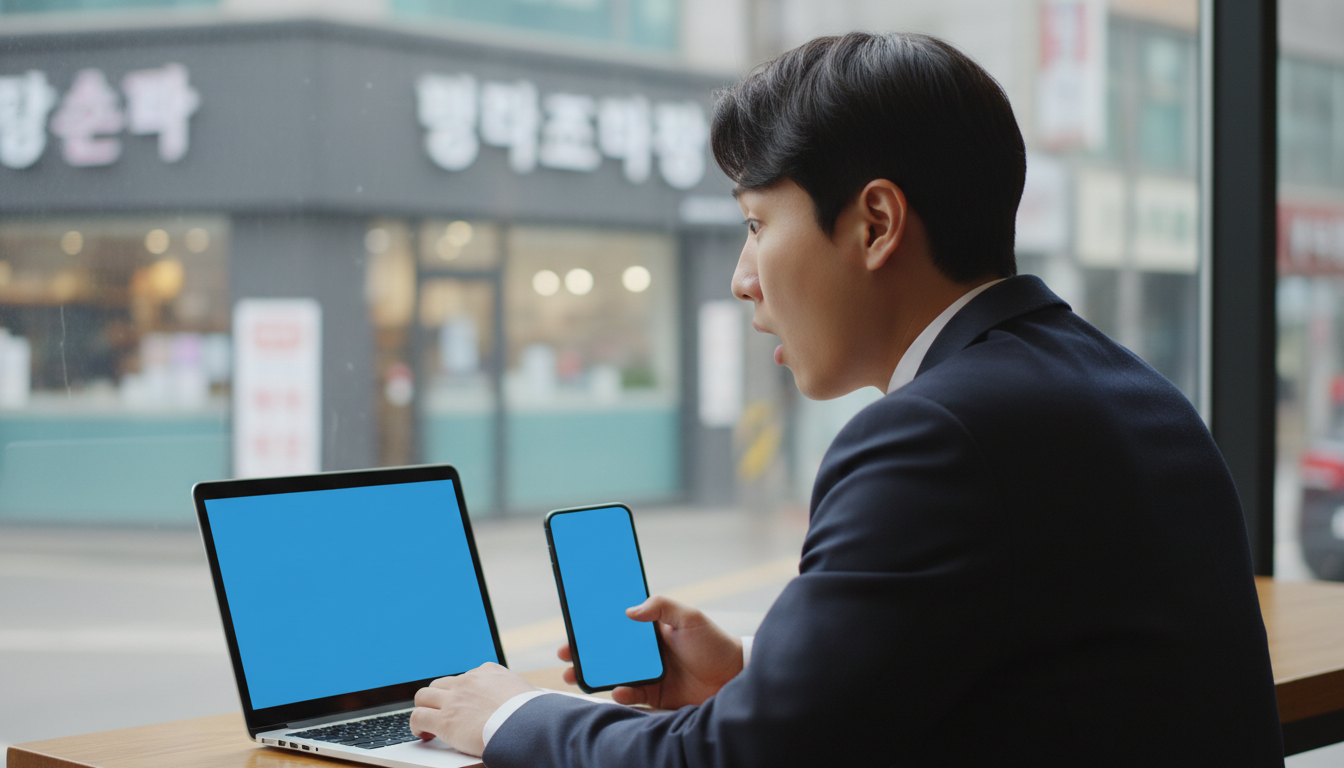 카페에서 노트북을 보며 깜짝 놀라는 직장인