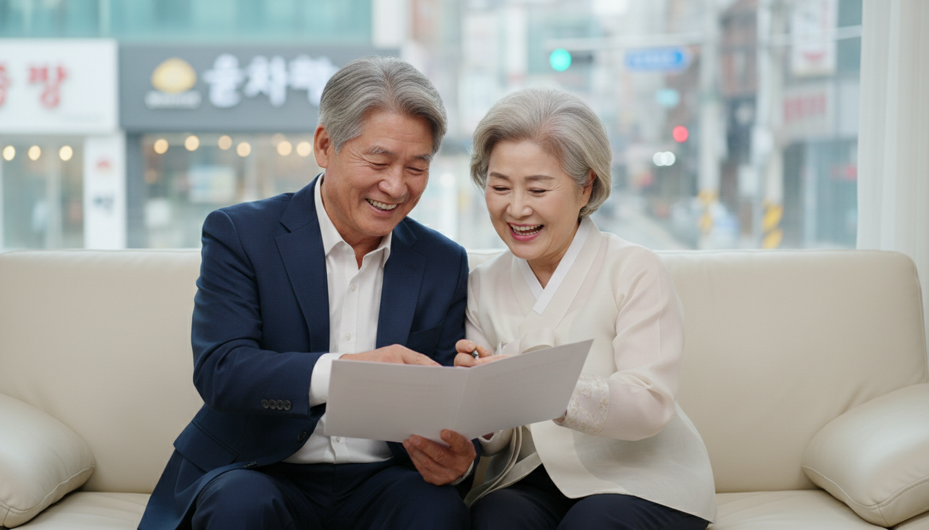 소파에 앉아 서류를 보며 웃는 노부부