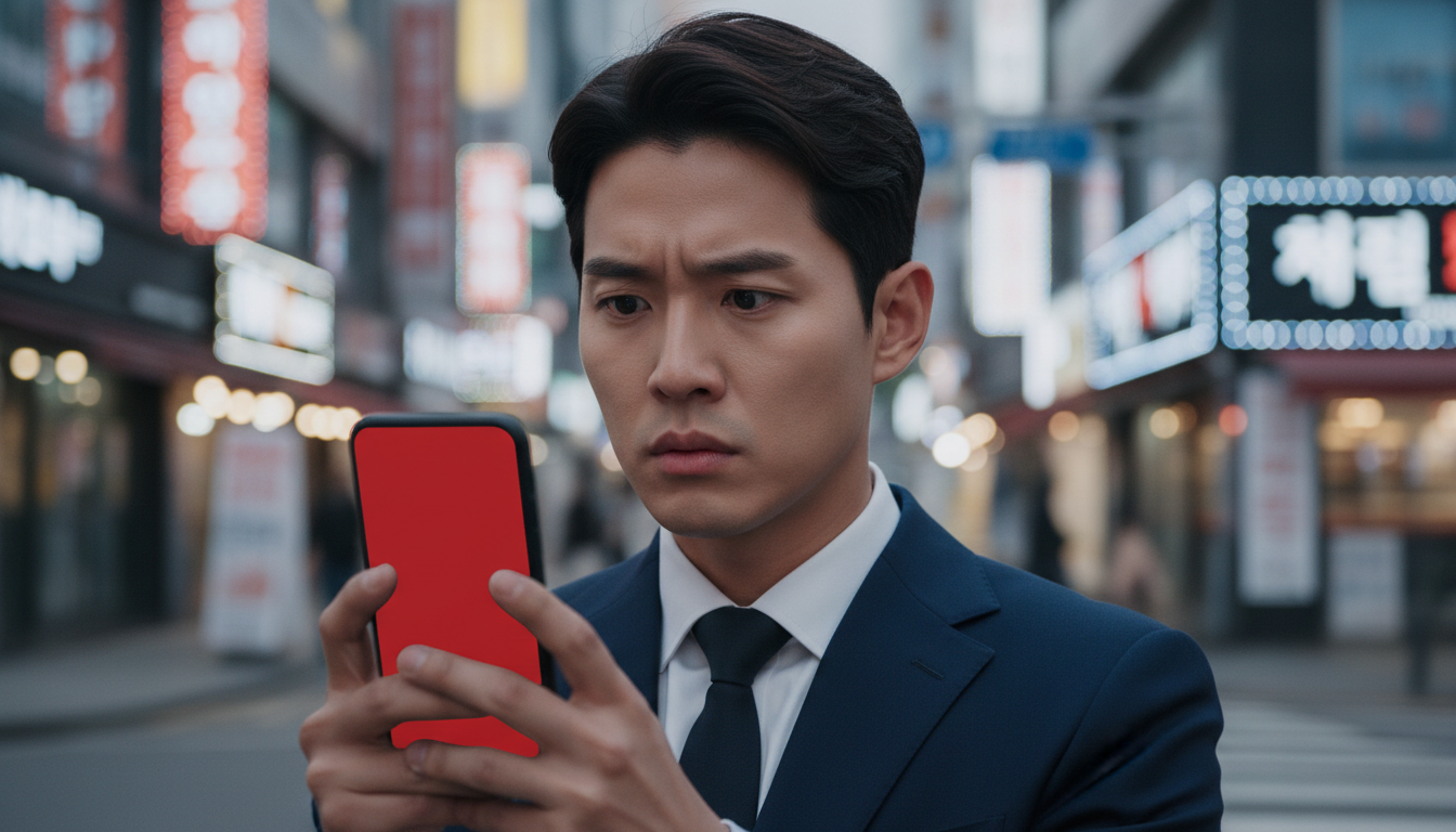 번화가에서 스마트폰 주식 화면을 보는 남성
