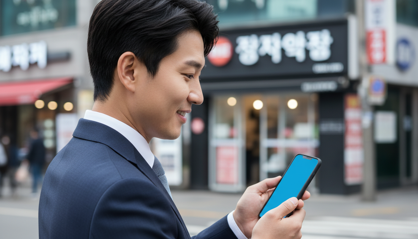 주식 앱의 상승 화살표를 보며 웃는 직장인