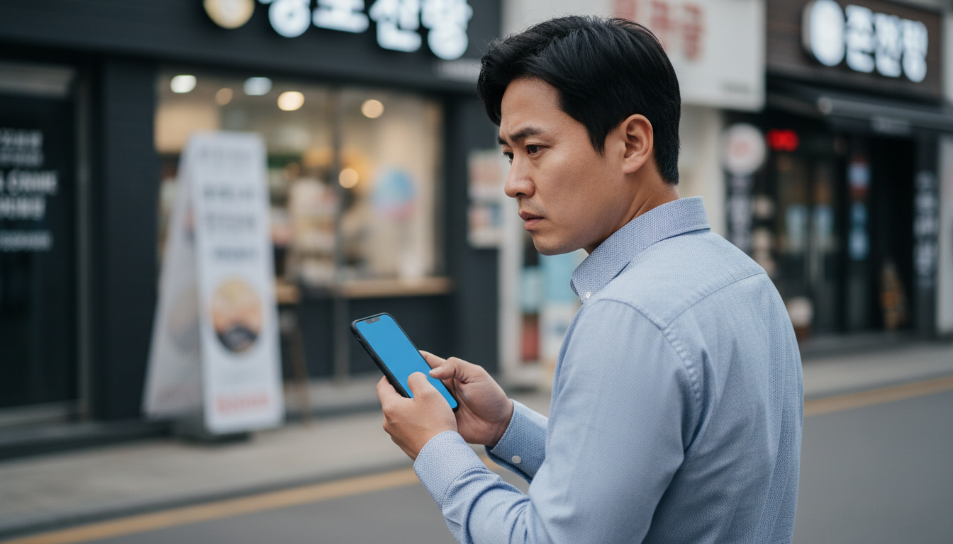 파란색 주식 하락 차트를 보는 직장인