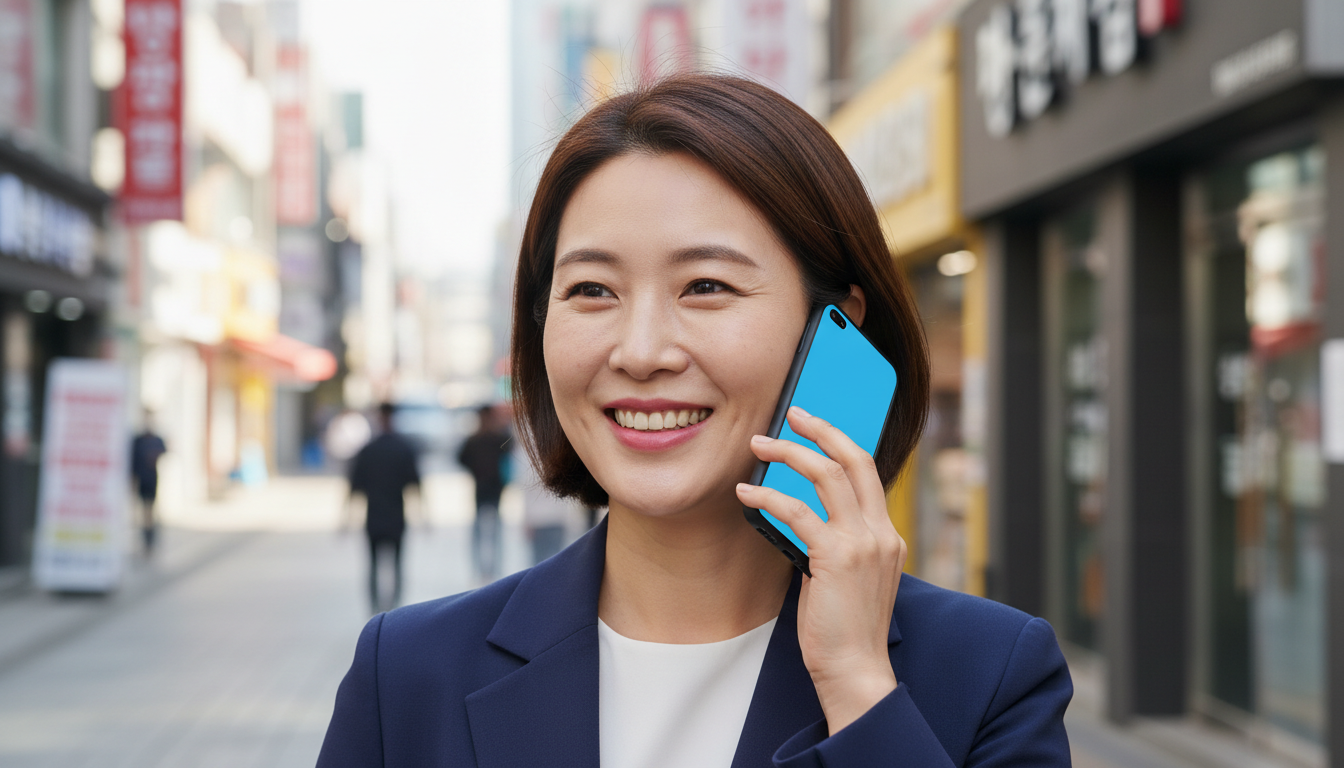 스마트폰을 귀에 대고 통화하며 웃는 여성