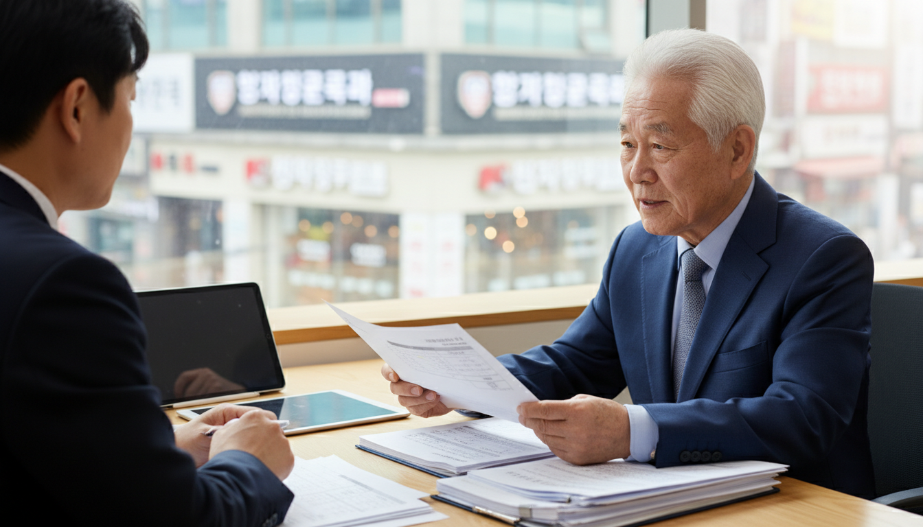 연금 창구에서 서류를 보며 상담받는 어르신