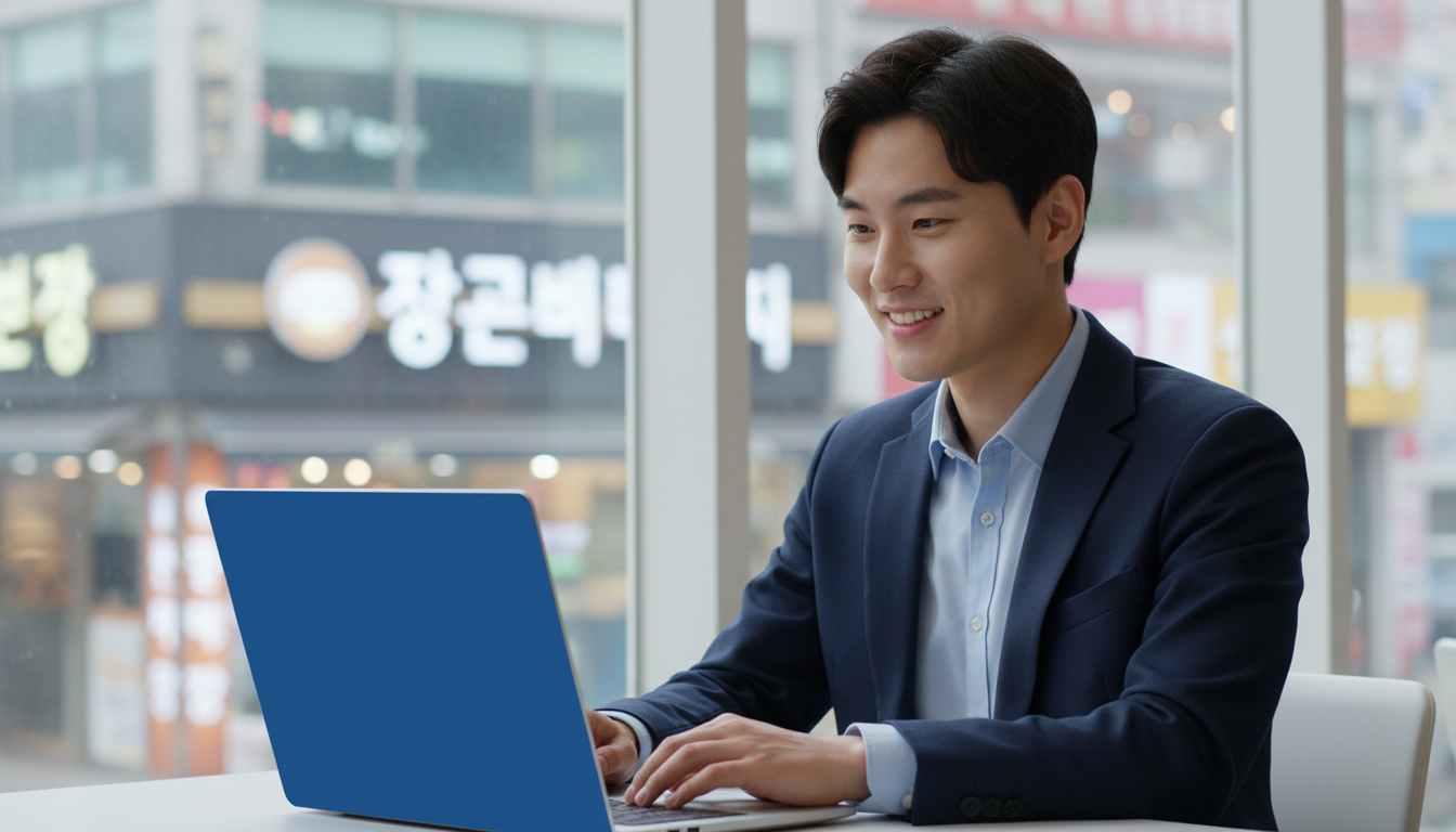 창가에서 노트북을 보며 미소 짓는 직장인