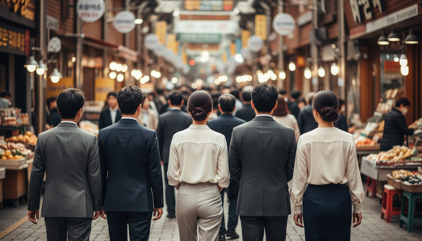 한글 간판이 늘어선 전통시장을 걷는 사람들