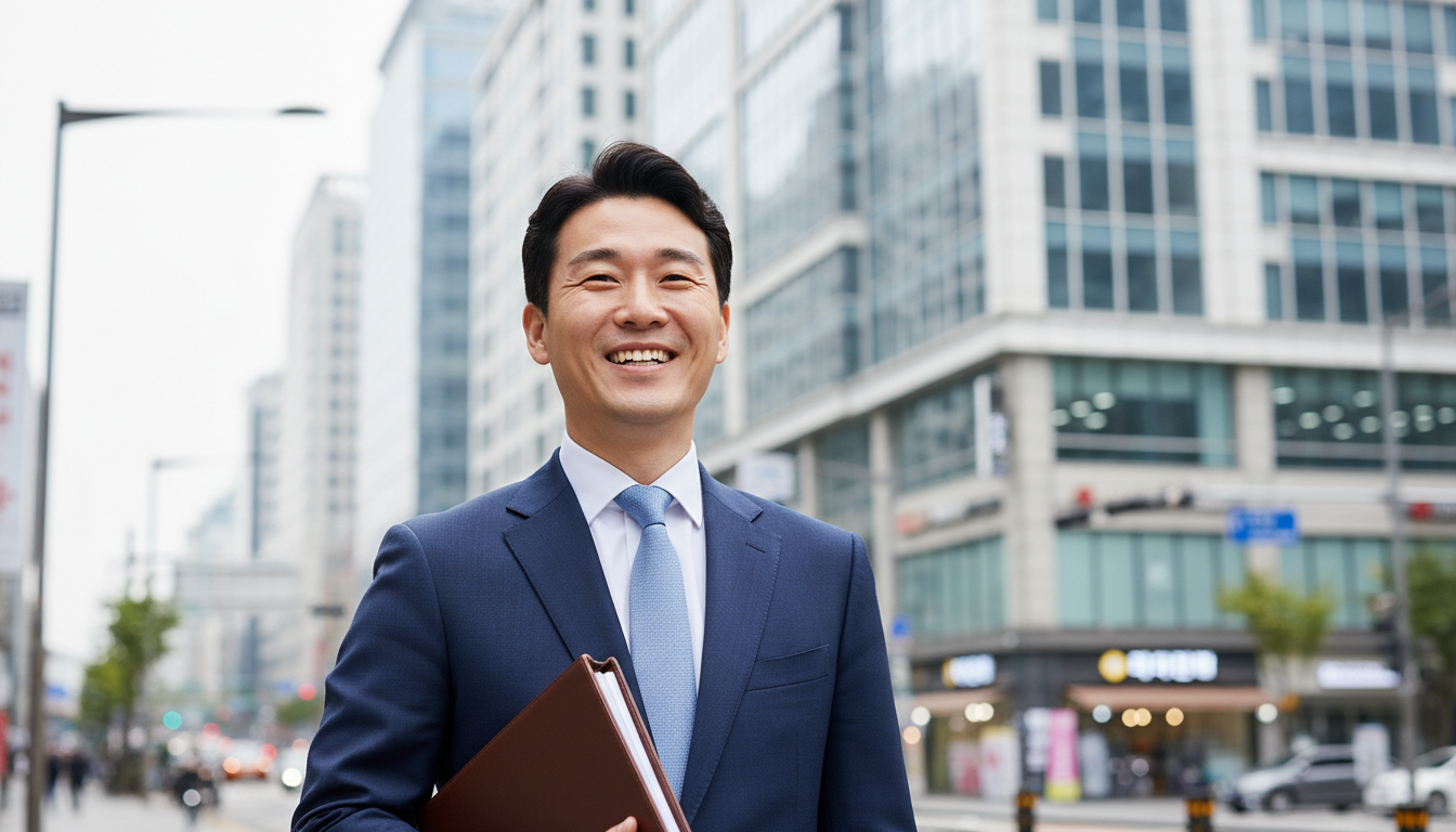 여의도 빌딩숲 앞 서류철을 들고 웃는 남성