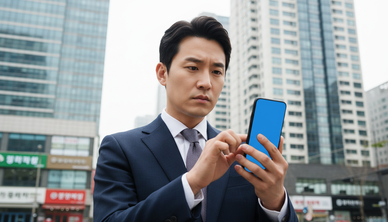 스마트폰으로 환율 창을 확인하는 직장인