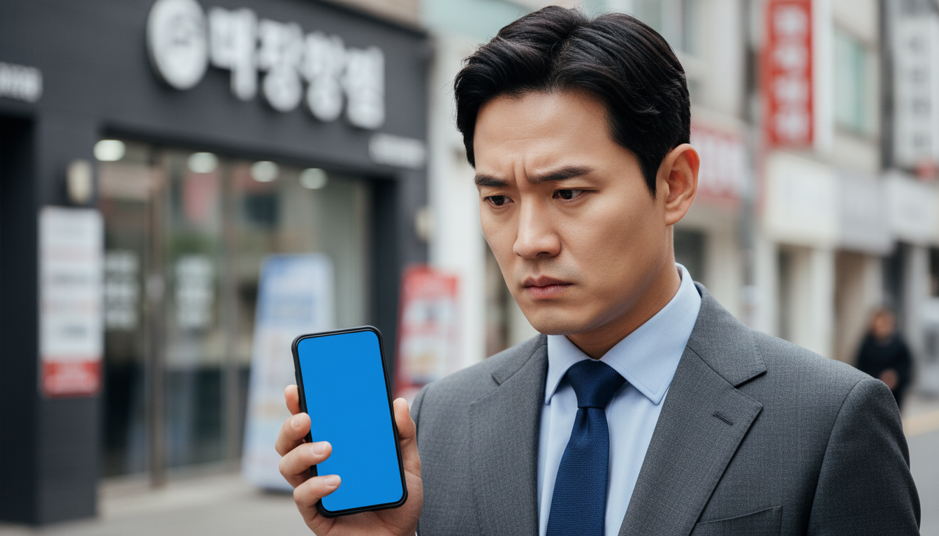 스마트폰의 주가 하락 차트를 보는 직장인