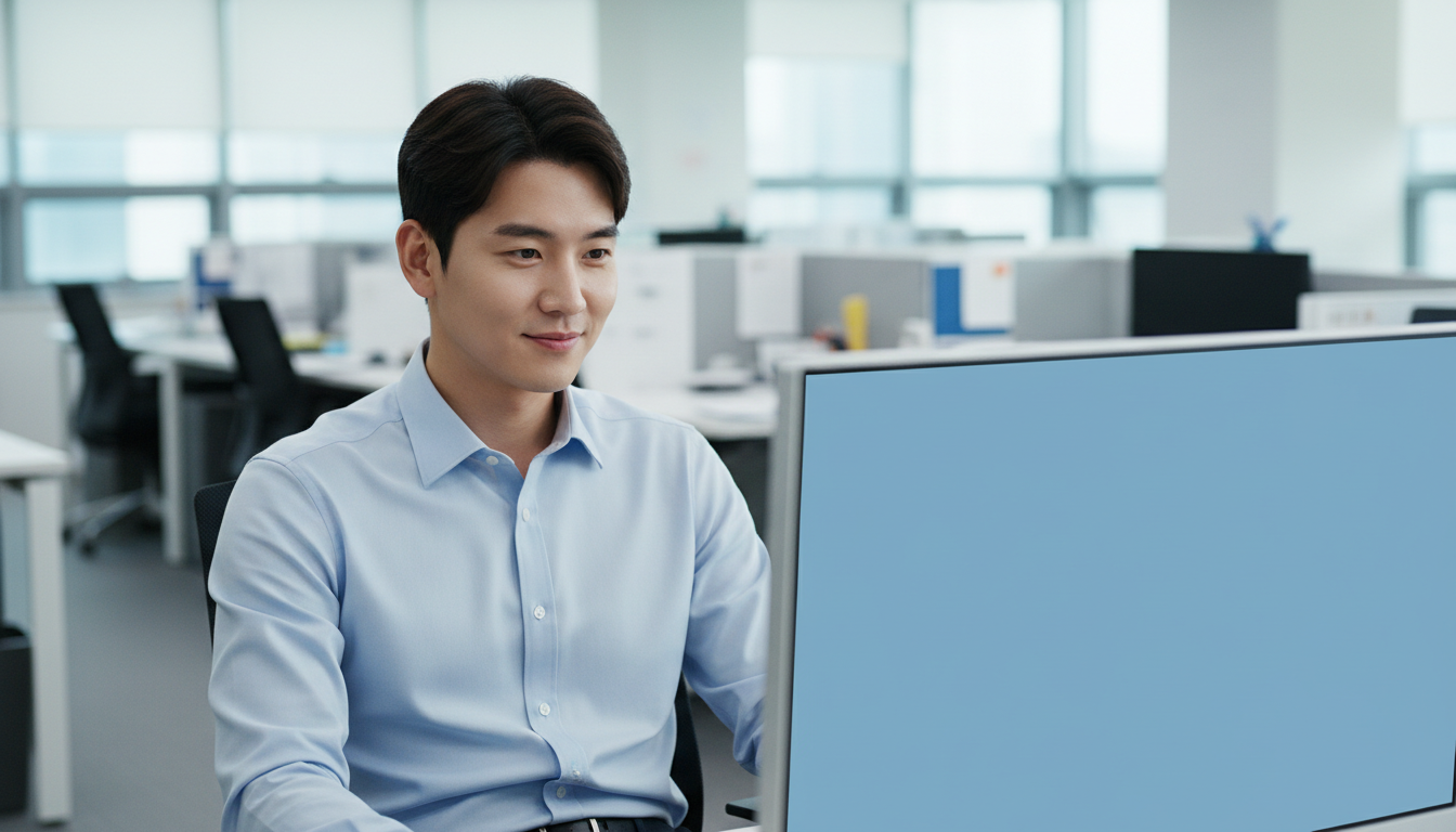 사무실에서 모니터를 보며 웃는 남성 직장인