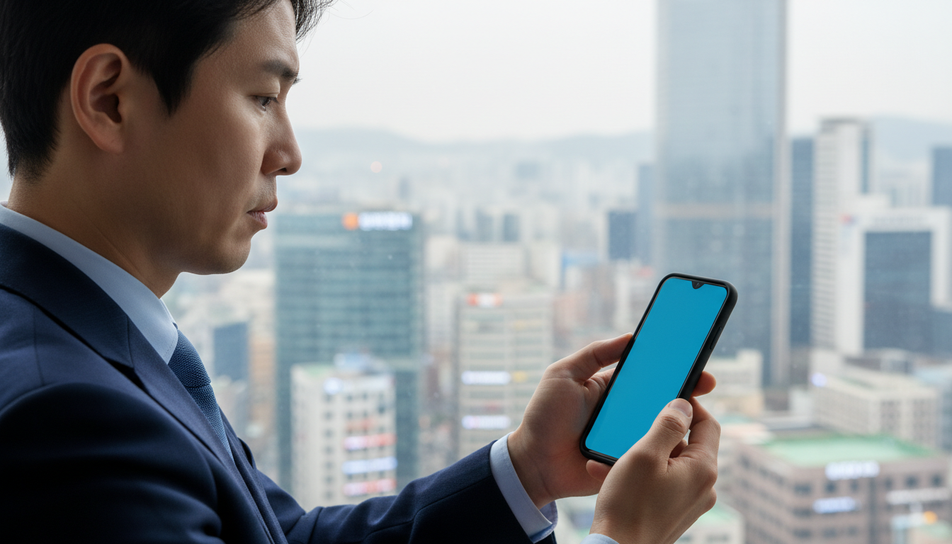 여의도 배경으로 스마트폰을 보는 직장인