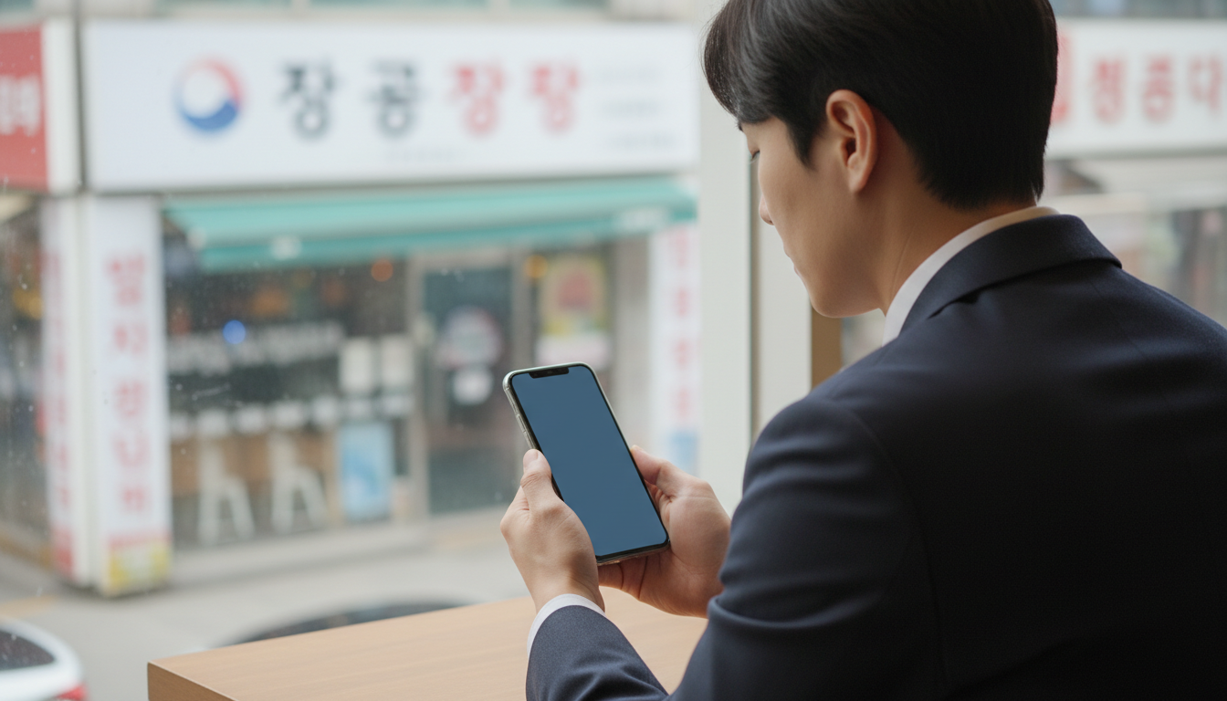 카페 창가에서 스마트폰을 보는 직장인