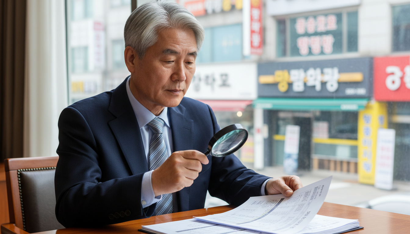 돋보기로 연금 서류를 읽는 60대 남성