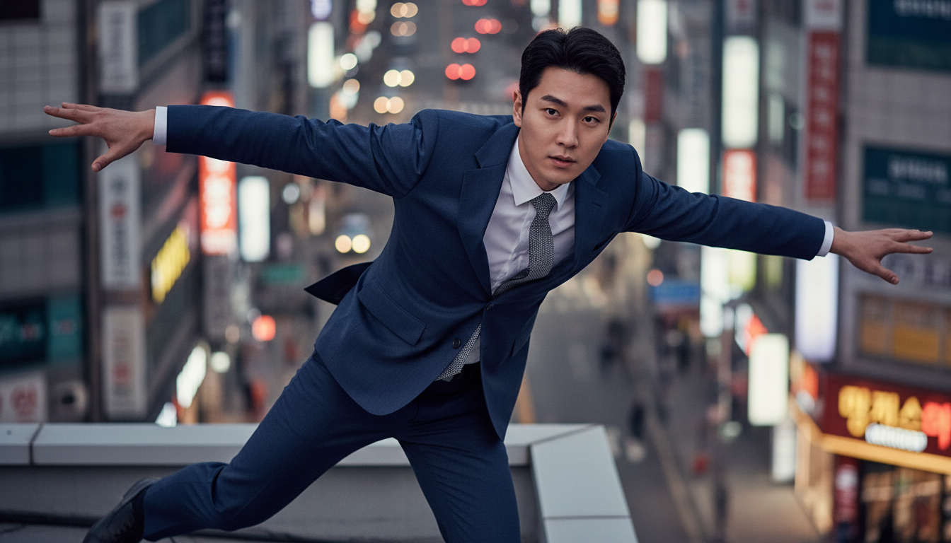 한글 간판 빌딩 옥상에서 뛰어내리는 남성