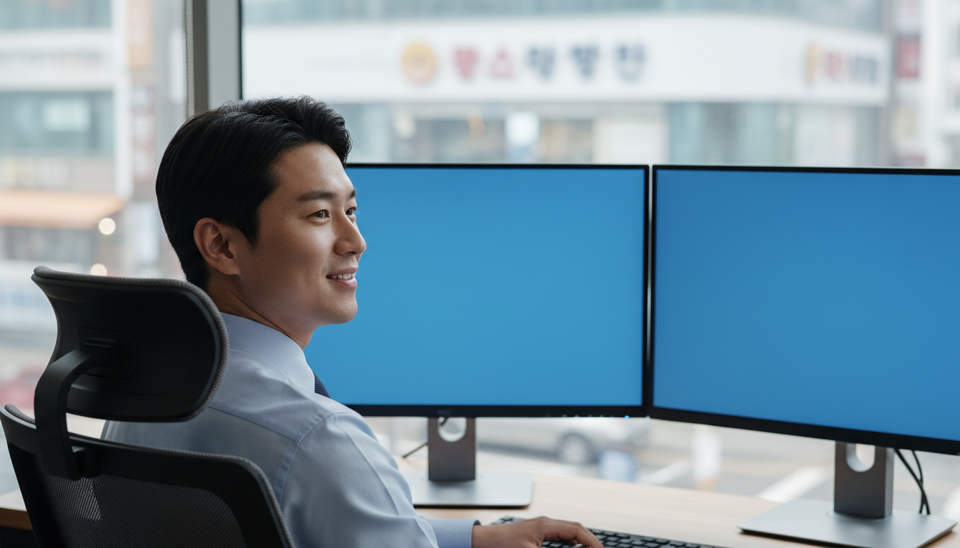 듀얼 모니터를 보며 미소 짓는 직장인
