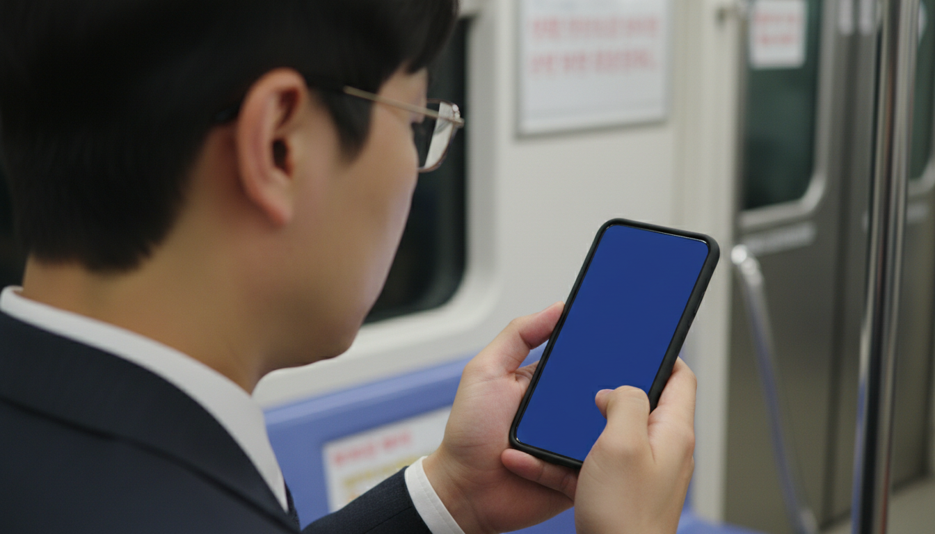 지하철에서 스마트폰 보안 경고를 보는 대학생