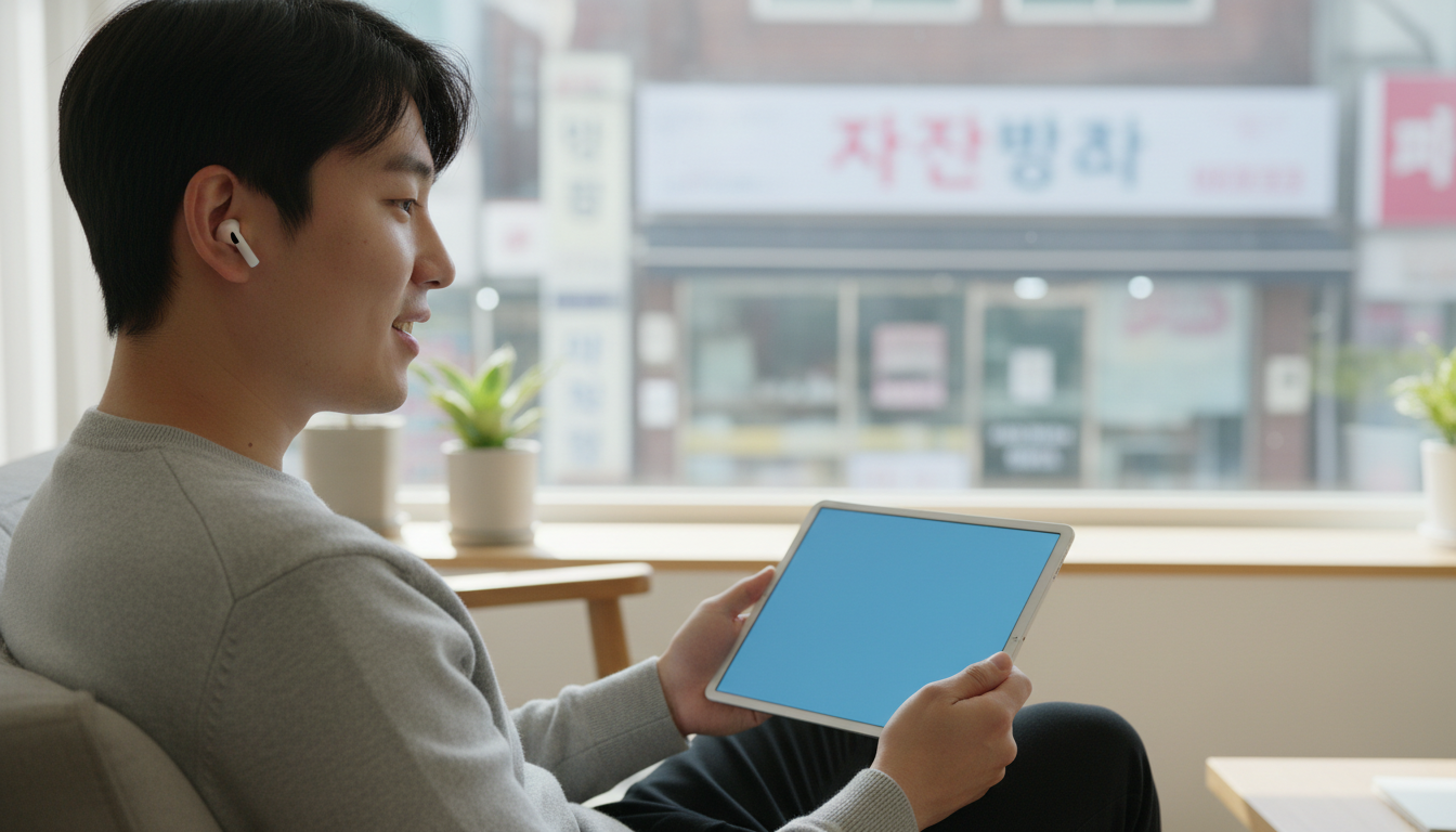 태블릿을 보며 이어폰으로 대화하는 남학생
