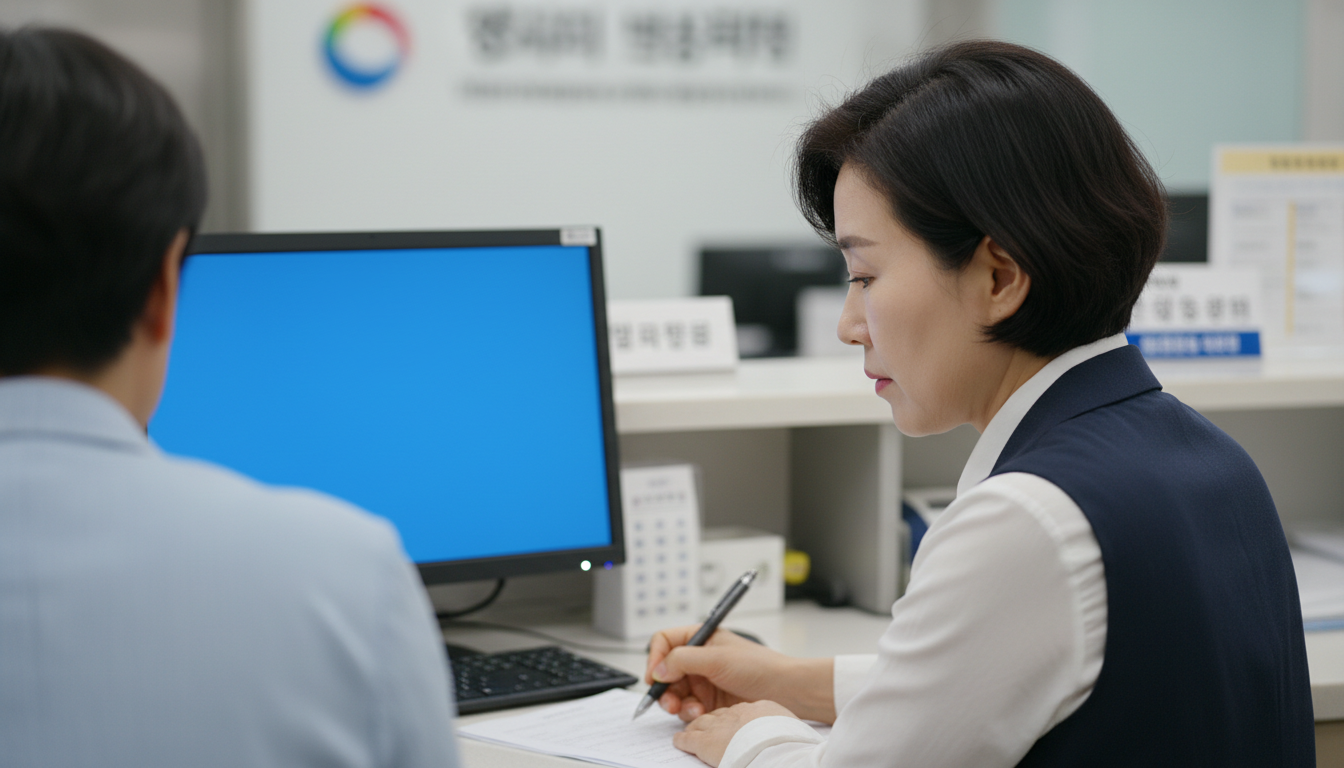 동사무소 민원 창구에서 상담하는 중년 여성