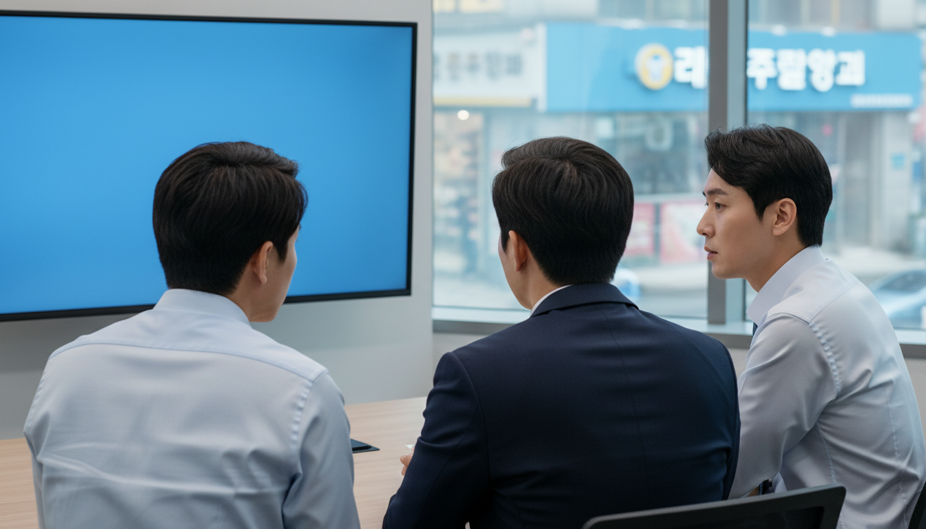 모니터의 경제 뉴스를 보며 회의하는 직장인들